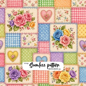 Motivo patchwork senza soluzione di continuità con rose colorate in stile cottage, cuori floreali, trapunta a quadretti e pois, carta digitale shabby chic PNG