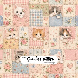 Pode incluir: Um padrão sem costuras apresentando vários gatinhos espreitando de retalhos retangulares de tecido com estampas florais, xadrez e de bolinhas em tons suaves de rosa, azul e creme. O texto 300dpi Seamless pattern 3600x3600 px é visível.