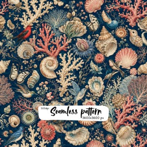 Vintage Coastal Coral Seamless Pattern, Seashells Birds Butterflies & Ocean Botanicals, Navy Blue Nautical Digital Paper PNG 300 DPI
