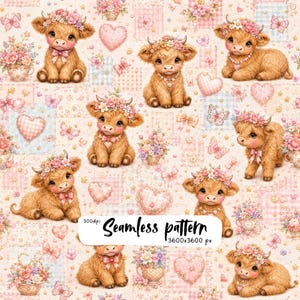 Cute Highland Cow Seamless Pattern, Pink Floral Coquette Patchwork, Cottagecore Farmhouse Digital Paper PNG