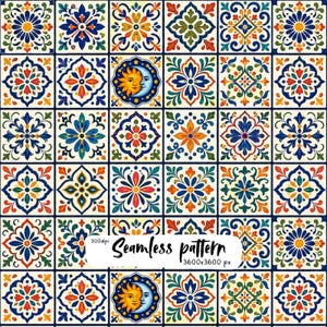 Pode incluir: Um padrão contínuo de azulejos quadrados com motivos florais e geométricos complexos em azul, laranja, vermelho e verde sobre um fundo creme. O design inclui ilustrações de sol e lua e o texto Seamless pattern 300dpi 3600x3600 px.