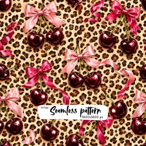 Pode incluir: Um padrão contínuo com cerejas vermelho-escuras com caules verdes e fitas de cetim rosa sobre um fundo com estampa de leopardo bege e marrom. A imagem inclui o texto Seamless pattern 300dpi 3600x3600 px em fonte preta.