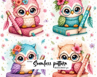 Cute Owl School Seamless Pattern, Floral Owl with Glasses, Books and Pencils, Teacher Classroom Digital Paper PNG, 300 DPI