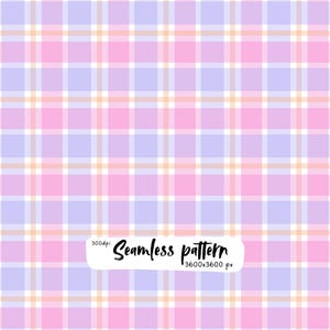 Pode incluir: Um padrão xadrez sem costuras com listras horizontais e verticais que se cruzam em tons de roxo claro, rosa brilhante e laranja suave, separadas por linhas brancas finas. Uma etiqueta branca exibe o texto 300dpi Seamless pattern 3600x3600 px.