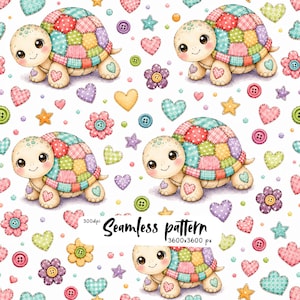 May include: A seamless pattern featuring cartoon turtles with patchwork shells in pastel colors, interspersed with colorful hearts, stars, flowers, and buttons on a white background. The text reads Seamless pattern 300dpi 3600x3600 px.