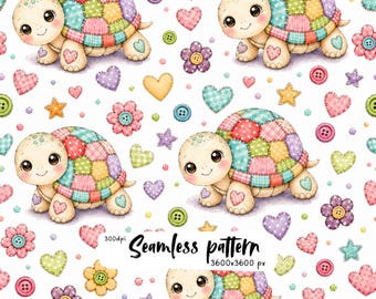 Cute Patchwork Turtle Seamless Pattern, Quilted Tortoise Hearts Flowers, Pastel Nursery Fabric, Kawaii Digital Paper PNG