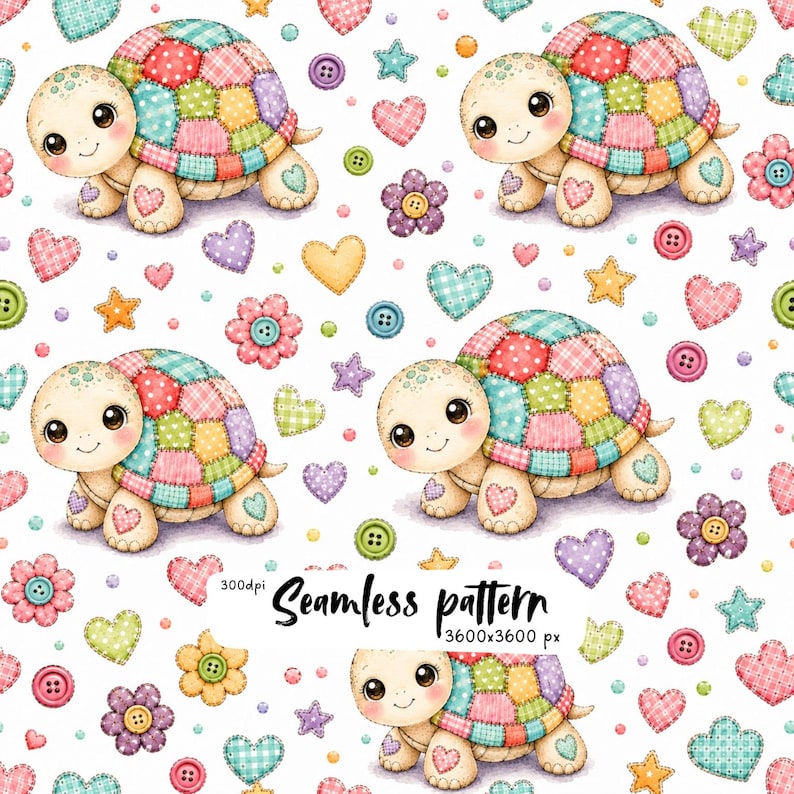 May include: A seamless pattern featuring cartoon turtles with patchwork shells in pastel colors, interspersed with colorful hearts, stars, flowers, and buttons on a white background. The text reads Seamless pattern 300dpi 3600x3600 px.