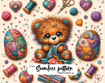 Cute Patchwork Teddy Bear Sewing Seamless Pattern, Quilting Tools Hearts Fabric, Colorful Craft Digital Paper, 300 DPI PNG