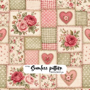 Vintage Rose Patchwork Seamless Pattern, Pink Floral Hearts, Sage Green Gingham & Polka Dots, Cottagecore Quilt Digital Paper PNG