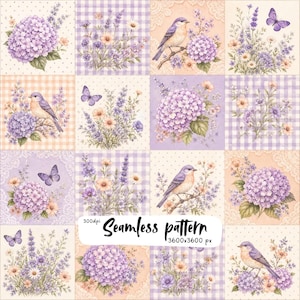 Può includere: Un motivo senza cuciture composto da una griglia di sedici quadrati con illustrazioni di ortensie viola, lavanda, margherite, uccelli blu e farfalle su sfondi a quadretti, a pois e in pizzo. Testo: 300dpi Seamless pattern 3600x3600 px.