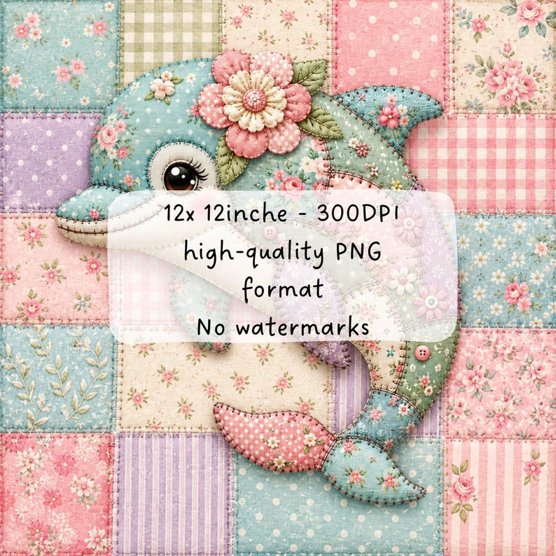 May include: A digital illustration of a dolphin crafted from patchwork fabric patterns in shades of pink, blue, and white, featuring a large pink flower on its head. Text reads: 12x 12inche - 300DPI high-quality PNG format No watermarks.