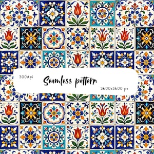 May include: A seamless pattern featuring a grid of square tiles with intricate floral and geometric motifs in shades of blue, orange, yellow, and green. The image includes the text 300dpi, Seamless pattern, and 3600x3600 px.