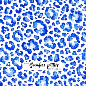 Blue Leopard Print Seamless Pattern, Watercolor Animal Spots, Cobalt Blue Cheetah Skin, Wild Animal Digital Paper PNG