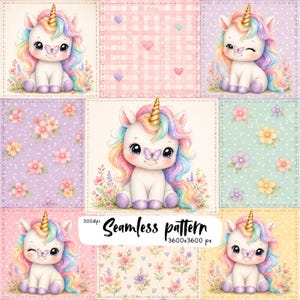 Cute Pastel Unicorn Patchwork Seamless Pattern, Rainbow Floral Quilt Digital Paper, Whimsical Nursery 300 DPI PNG