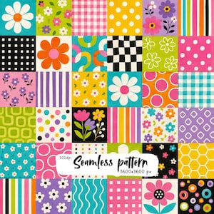 May include: A digital graphic featuring a grid of colorful squares with various patterns including daisies, polka dots, gingham, stripes, checkerboards, and geometric shapes. A white label in the center displays the text Seamless pattern 300dpi 3600x3600 px.