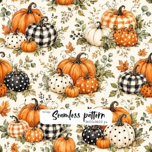 Pode incluir: Um padrão contínuo com abóboras em estilo aguarela em várias cores e padrões, incluindo xadrez preto, branco ou laranja e bolinhas, intercaladas com folhas de outono, vinhas e bagas sobre um fundo creme.