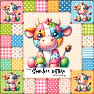 Pode incluir: Um padrão digital sem costuras apresentando uma vaca de desenho animado estilo patchwork com um corpo colorido e estampado e um focinho rosa. O design inclui vários quadrados com corações, estrelas e flores, com o texto 300dpi Seamless pattern 3600x3600 px.