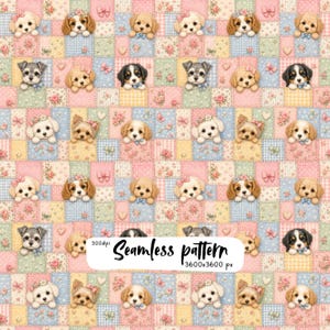 Puede incluir: Un patrón continuo que presenta una cuadrícula de cuadrados de colores pastel con estampados florales, lazos y corazones. Cada cuadrado contiene un cachorro pequeño con un lazo o flor. La imagen incluye el texto Seamless pattern 300dpi 3600x3600 px.