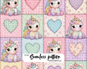 Cute Unicorn Patchwork Seamless Pattern, Pastel Rainbow Hearts Quilt, Shabby Chic Floral Gingham Digital Paper, 300 DPI PNG