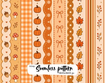 Cute Autumn Stripe Seamless Pattern, Pumpkins, Mushrooms, Acorns, Fall Leaves, Bows & Gingham Digital Paper PNG