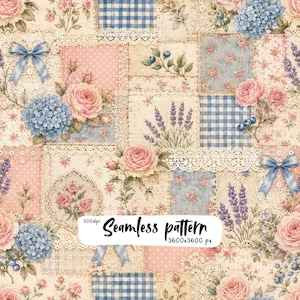 Naadloos patroon van vintage cottage bloemenpatchwork, roze rozen, blauwe hortensia's, lavendel, ruitjeskant en strikjes (digitaal papier, PNG).