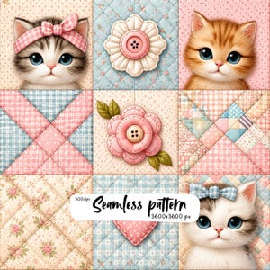 Motif sans couture de courtepointe avec chatons mignons, patchwork de chats roses et bleus, tissu à carreaux vichy, nœuds, cœurs et fleurs (papier numérique PNG).