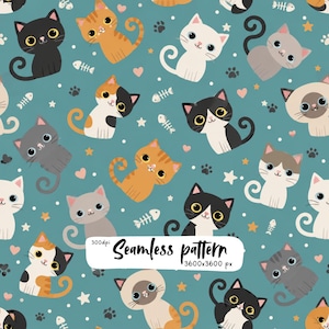 Cute Cats Seamless Pattern, Kawaii Kitten Faces, Paw Prints Fish Bones Hearts Stars, Teal Pet Digital Paper PNG