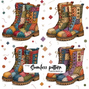 Pode incluir: Um padrão contínuo apresentando quatro pares de botas com atacadores e um design de patchwork colorido. As botas são decoradas com várias texturas de tecido acolchoado, atacadores castanhos e botões. Pequenos botões e pontos dispersos preenchem o fundo branco.