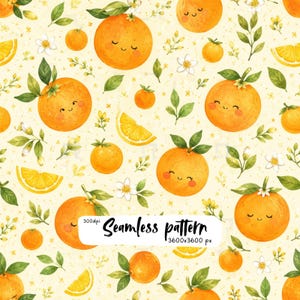 May include: A seamless pattern featuring watercolour illustrations of smiling oranges, orange slices, green leaves, and white blossoms on a pale yellow background. The text 300dpi Seamless pattern 3600x3600 px is centred in a white rectangular box.