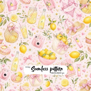 Pink Lemonade Summer Seamless Pattern, Coquette Lemons, Gingham Bows, Cottagecore Watercolor Digital PNG