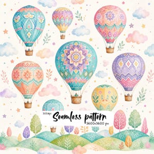 Whimsical Hot Air Balloon Watercolor Pattern, Boho Pastel Balloons, Rainbow Clouds & Trees, Nursery Digital Paper PNG