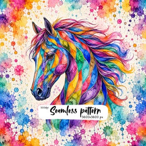 Colorful Horse Seamless Pattern, Rainbow Watercolor Horse Digital Paper, Equestrian Stained Glass PNG, 300 DPI