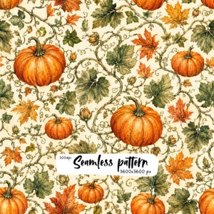 Autumn Pumpkin Seamless Pattern, Vintage Fall Leaves Digital Paper, Watercolor Pumpkin Vine, Thanksgiving Botanical PNG