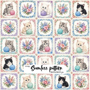 May include: A seamless pattern featuring a grid of alternating squares. One set of squares displays kittens playing with yarn balls, while the other set shows floral bouquets. The text 300dpi Seamless pattern 3600x3600 px is centered.