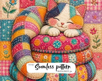 Colorful Patchwork Cat Seamless Pattern, Sleeping Kitty Quilt Design, Floral Hearts Cottagecore Fabric Digital Paper PNG