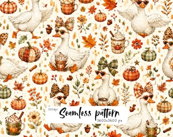 Fall Fashion Goose Seamless Pattern, Cute Autumn Duck Pumpkin Plaid Bows, Cozy Farmhouse Thanksgiving Digital Paper PNG