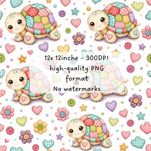May include: A digital pattern featuring cartoon turtles with multicolored patchwork shells, surrounded by various hearts, stars, and buttons. The text reads: 12x 12inche - 300DPI high-quality PNG format No watermarks. The background is solid white.