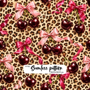 Pode incluir: Um padrão contínuo com cerejas vermelho-escuras e laços de cetim rosa claro sobre um fundo com estampa de leopardo em tons bege e castanho. A imagem inclui o texto Seamless pattern 300dpi 3600x3600 px numa caixa retangular branca.