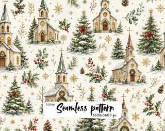 Christmas Church Seamless Pattern, Snowy Chapel Christmas Trees Holly Berries, Christian Holiday Watercolor Digital Paper PNG