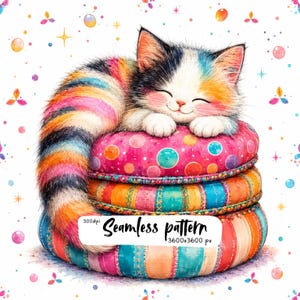Pode incluir: Um gatinho fofo com pelo colorido de arco-íris dormindo em uma pilha de três almofadas redondas e coloridas. O fundo apresenta bolhas e estrelas flutuantes. O texto na imagem diz: 300dpi Seamless pattern 3600x3600 px.