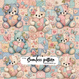 Könnte beinhalten: Ein nahtloses Muster mit mehreren Teddybären in Blau- und Cremetönen, die jeweils ein Patchwork-Herz halten. Die Bären sind mit Blumenakzenten verziert und von Schmetterlingen, Herzen und Blumen auf einem gesteppten Hintergrund umgeben.