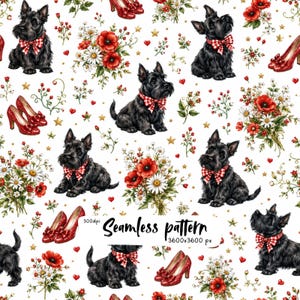 May include: A seamless pattern featuring black Scottish Terrier dogs wearing red and white checkered bows, red high-heeled shoes, bouquets of red poppies and white daisies, and small red hearts and gold stars on a white background.
