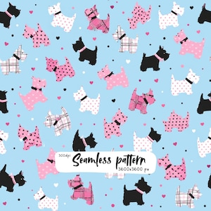 Pode incluir: Um padrão contínuo sobre um fundo azul claro com ilustrações repetidas de cães terrier escoceses em preto, branco e rosa. Os cães apresentam várias texturas, incluindo bolinhas, corações e xadrez. O texto diz Seamless pattern.