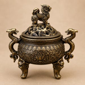 May include: A bronze-toned metal incense burner featuring a lid topped with a mythical creature figurine. The vessel has two dragon-shaped side handles, intricate floral relief patterns on the body, and stands on three legs shaped like animal heads.