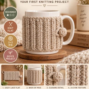 May include: A beige knitted mug cozy featuring a 2x2 rib texture and a circular button closure. The text reads COZY RIB MUG HUG, YOUR FIRST KNITTING PROJECT, BEGINNER, KNIT FLAT, 2x2 RIB, QUICK PROJECT, and Small Stitches Brighter Days.