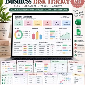 Op de afbeelding: Een digitaal sjabloon voor het bijhouden van zakelijke taken voor Google Sheets en Excel, weergegeven op een laptopscherm. Het dashboard bevat kleurrijke grafieken, takenlijsten en projectmanagementstatistieken en diverse kleine tabbladen.
