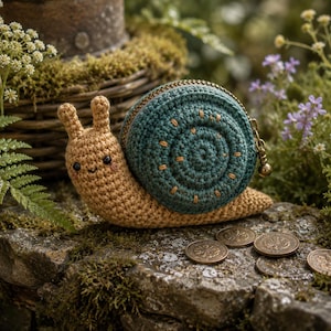 May include: A crocheted snail-shaped coin purse with a tan body and a dark teal shell. The shell features a circular pattern with small tan embroidered stitches and a brass-coloured metal zipper closure with a small round pull tab.
