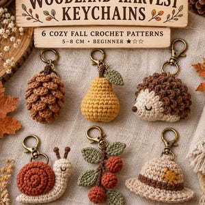 May include: Six crochet keychains featuring woodland harvest themes including a pinecone, pear, hedgehog, snail, berry branch, and hat. Each item has a bronze-colored lobster clasp. The text reads WOODLAND HARVEST KEYCHAINS 6 COZY FALL CROCHET PATTERNS 5-8 CM.