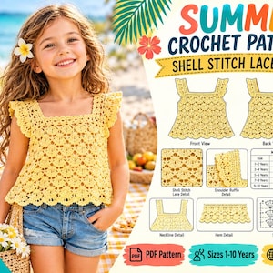 May include: A digital PDF crochet pattern for a yellow shell stitch lace top. The document includes diagrams for front and back views, stitch details, neckline, hem, and a sizing chart for ages 1-2 to 9-10 years with measurements in inches.