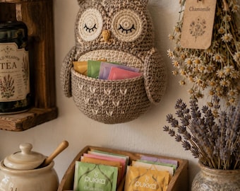 Patrón PDF para soporte de bolsitas de té con forma de búho a crochet / Fácil para principiantes / Organizador de pared de cocina con estilo cottagecore / Descarga instantánea